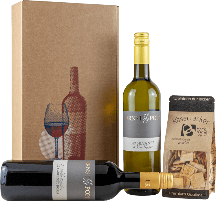 Weinpräsent Franken im Glas mit Käsecrackern